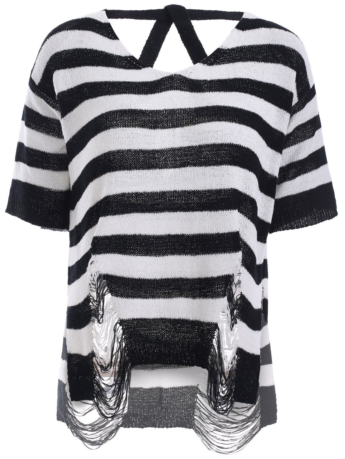 

Fashion Back Cut Out Ripped Stripe Thin Knitwear