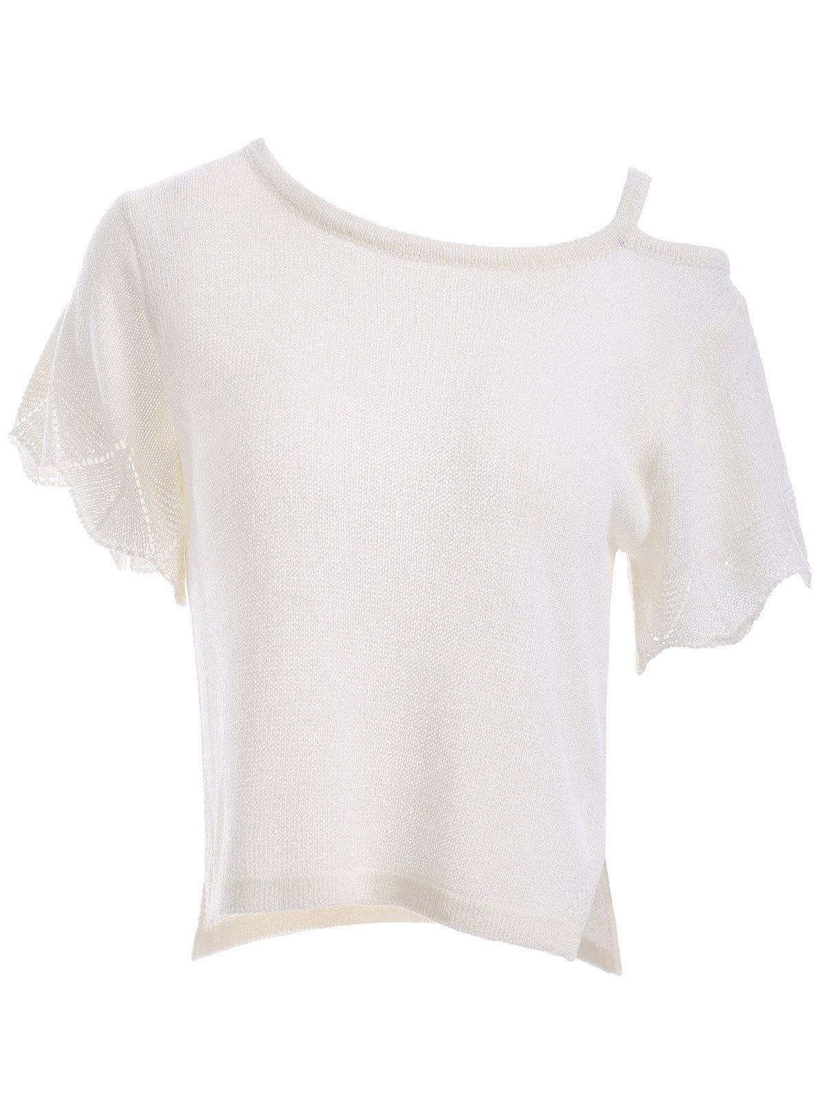

Fashion One Shoulder Scalloped Sleeve Knitted T-Shirt, White