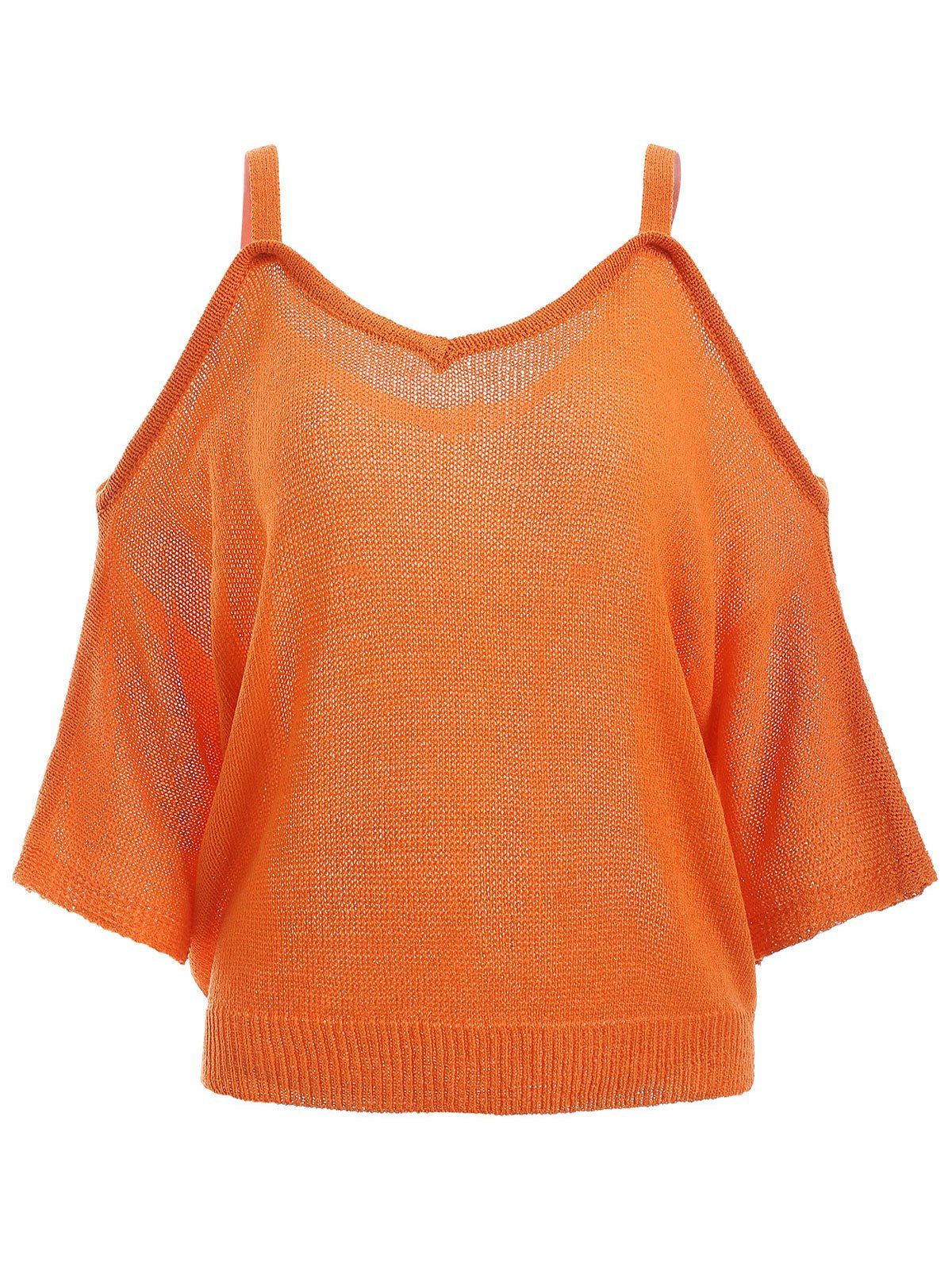 

Fashion Spaghetti Strap Open Shoulder Cropped Knitted Blouse, Orange
