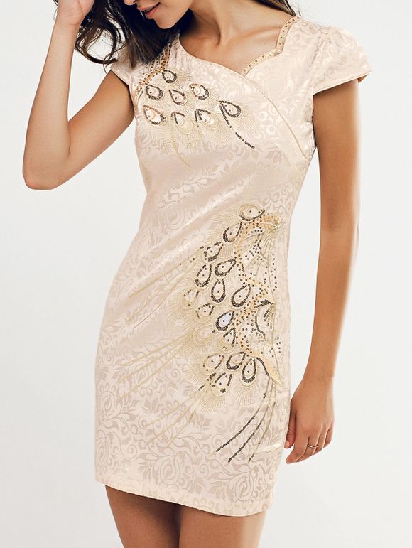 Elegant Sequined Jacquard Dress For Women - Abricot Clair L