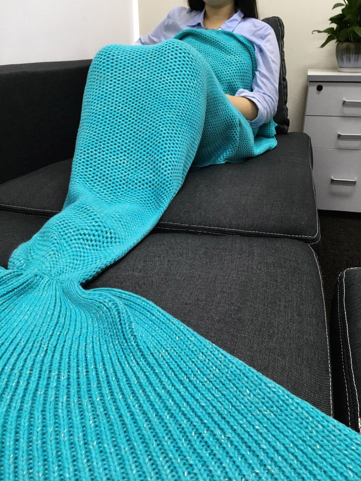2018 Comfortable Knitting Solid Color Mermaid Design Blanket AZURE In Blankets & Throws Online