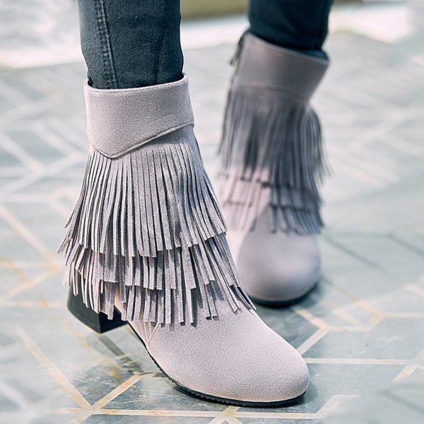 

Stylish Layer Fringe and Chunky Heel Design Women's Boots, Light gray