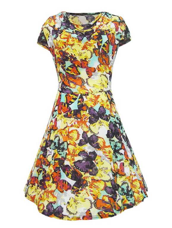 Style rétro col bénitier imprimé papillons femmes robe  's - Jaune XL