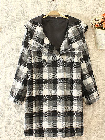 

Plus Size Plaid Double Hooded Breasted Coat, White and black