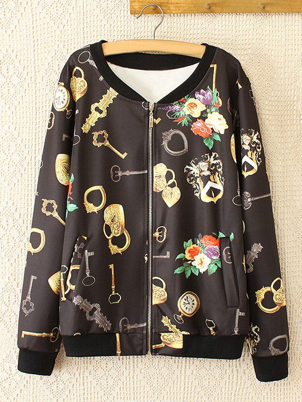 

Oversized Sweet Key and Flower Print Jacket, Black