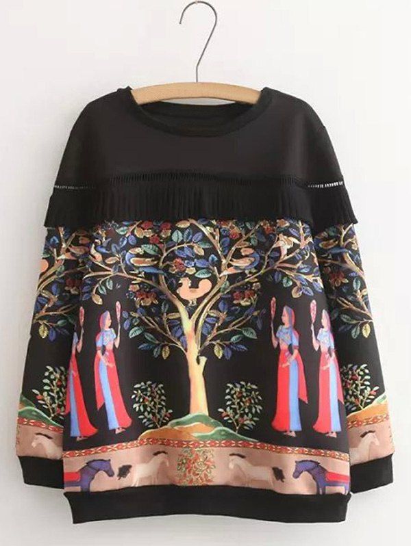 

Plus Size Sweet Tree Print Pleated Sweatshirt, Black