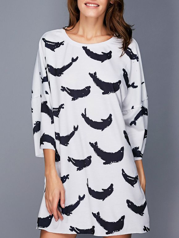 Cute Dolphin Loose Fitting T Shirt Robe - Blanc 2XL