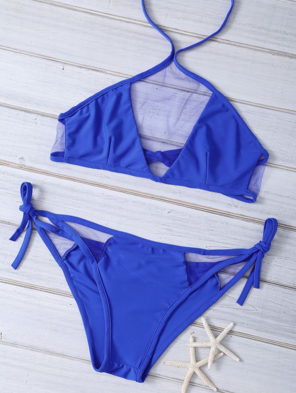 Mesh Spliced ​​Bleu Halter Bikini Set - Bleu Saphir XL