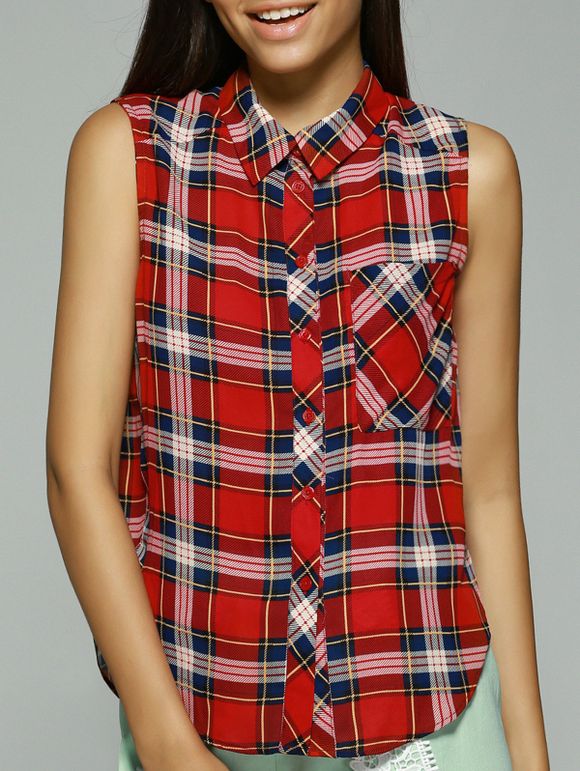 Preppy Women's Slimming Shirt Collar Checkered Print Blouse - Rouge XL