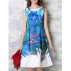 Trendy Round Neck Plant Printed Women's Dress - Bleu 3XL