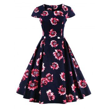 [41% OFF] 2023 Retro Sweetheart Neck Cape Sleeve Floral Print Skater ...