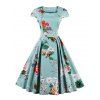 Retro Sweetheart Neck Cap Sleeve Floral Print Flare Dress - LIGHT BLUE L