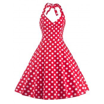 [41% OFF] 2024 Polka Dot Halter Pin Up Flare Sleeveless Dress In RED ...