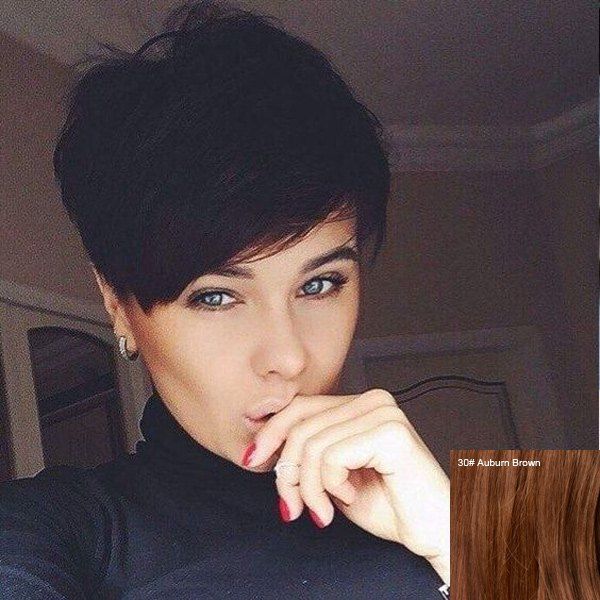 

Fluffy Trendy Short Boy Cut 100 Percent Women's Human Hair Inclined Bang Wig, Auburn brown