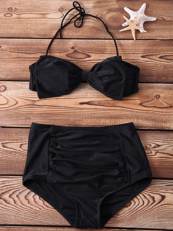 Bikini Sexy bretelles sans manches froncées Couleur unie femmes - Noir 2XL