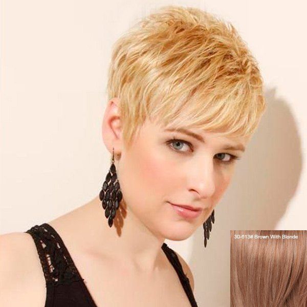 

Virile Fluffy Short Boy Cut Human Hair Side Bang Wig For Women, Brown with blonde