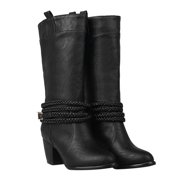 

Retro Weaving and Buckle Design Women's Boots, Black