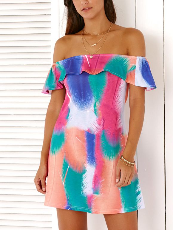 Off The Feather épaule Imprimer Mini robe à volants pour les femmes - multicolore XL