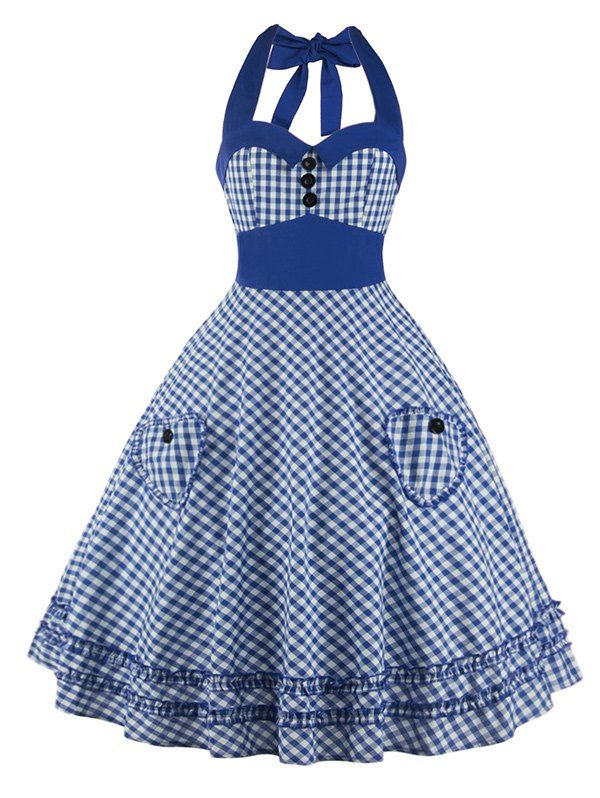 [41% OFF] 2020 A Line Pocket Halter Checkered Pocket Vintage Dress In BLUE | DressLily
