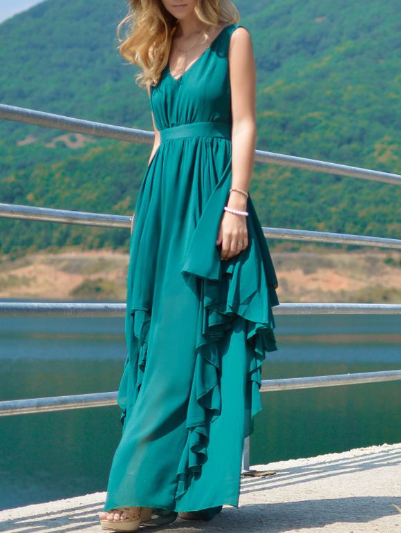 Élégant Plongeant robe en mousseline de soie col Pure Color pour les femmes - Vert profond S