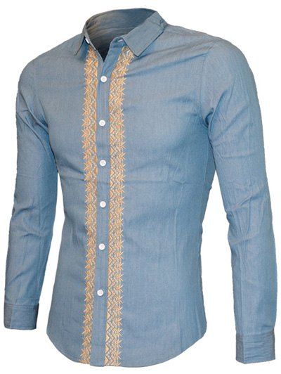 Embroidered Turn-down Collar Long Sleeve Men's Casual Shirt - Bleu Toile de Jean 2XL