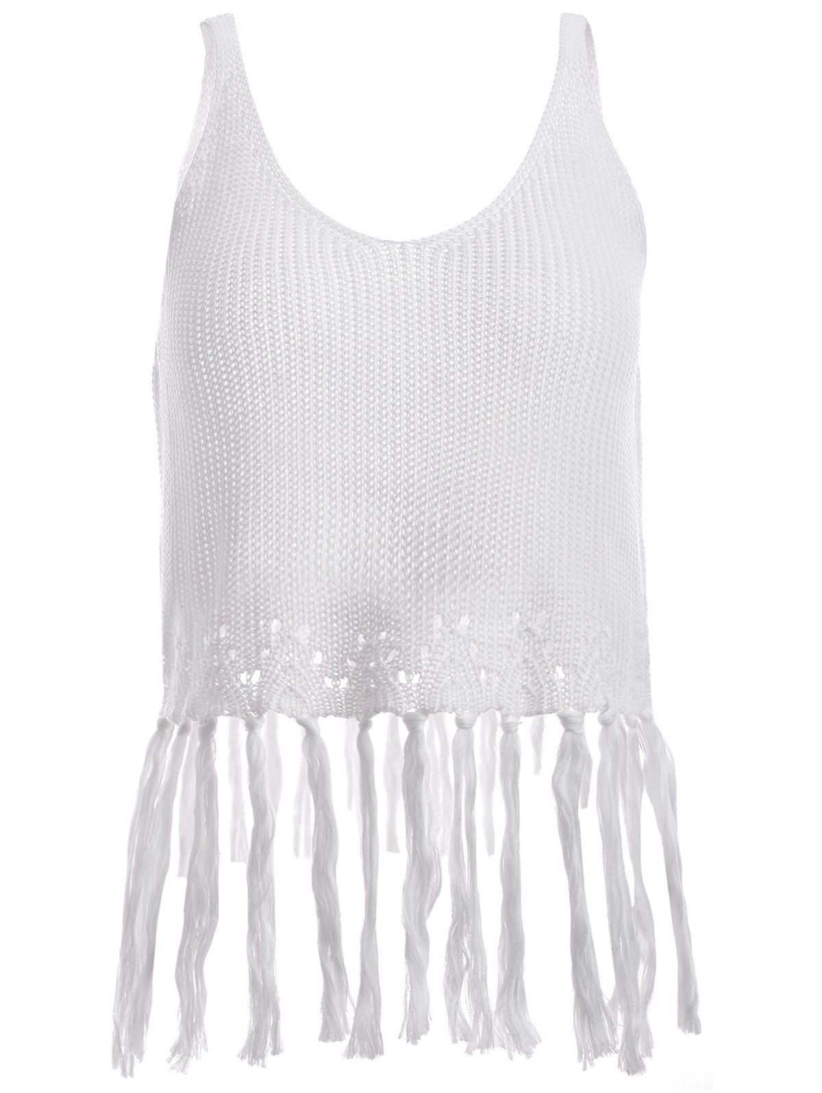 

Fringed Pure Color Knit Tank Top, White