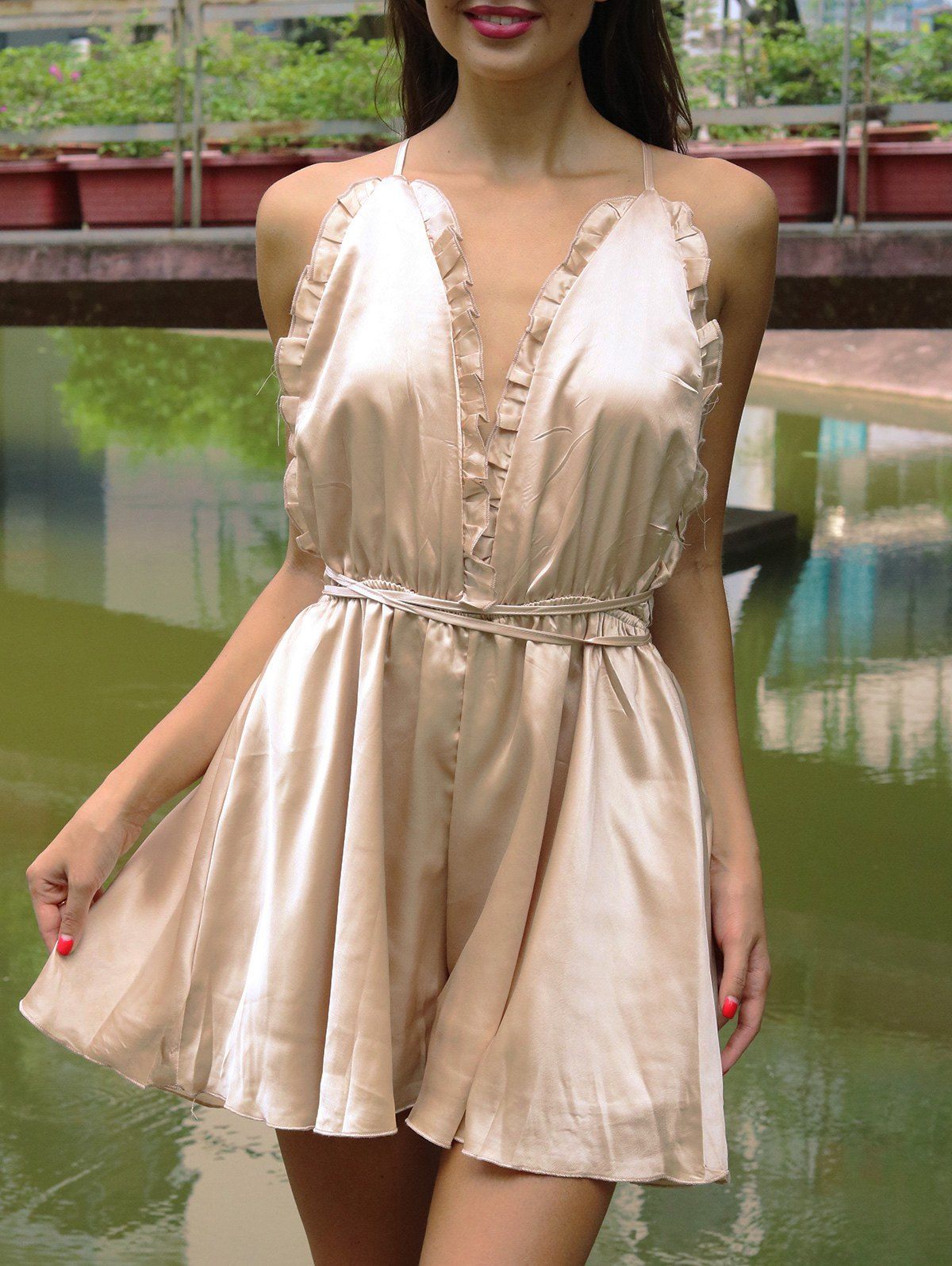 

Chic Spaghetti Strap Backless Romper, Champagne gold