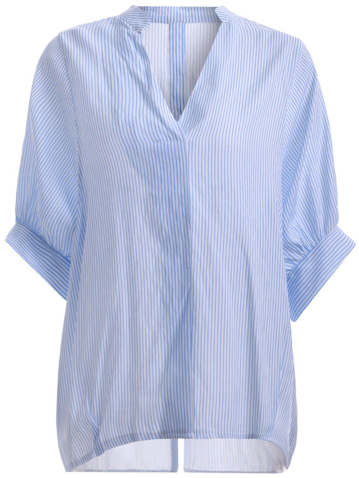 

Women's Asymmetrical Thin-Striped Slit Blouse, Light blue