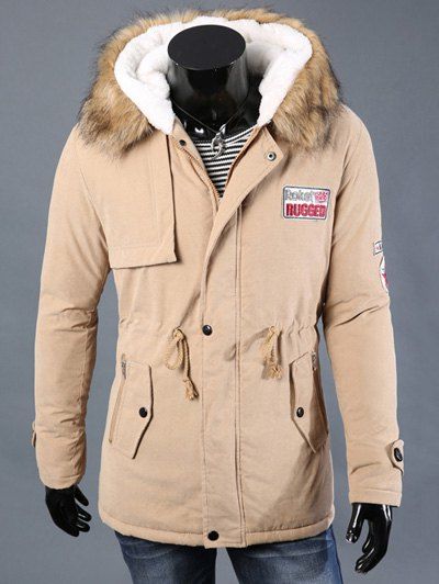 

Drawstring Waist Patched Faux Fur Hooded Long Sleeve Men's Padded Coat, Khaki