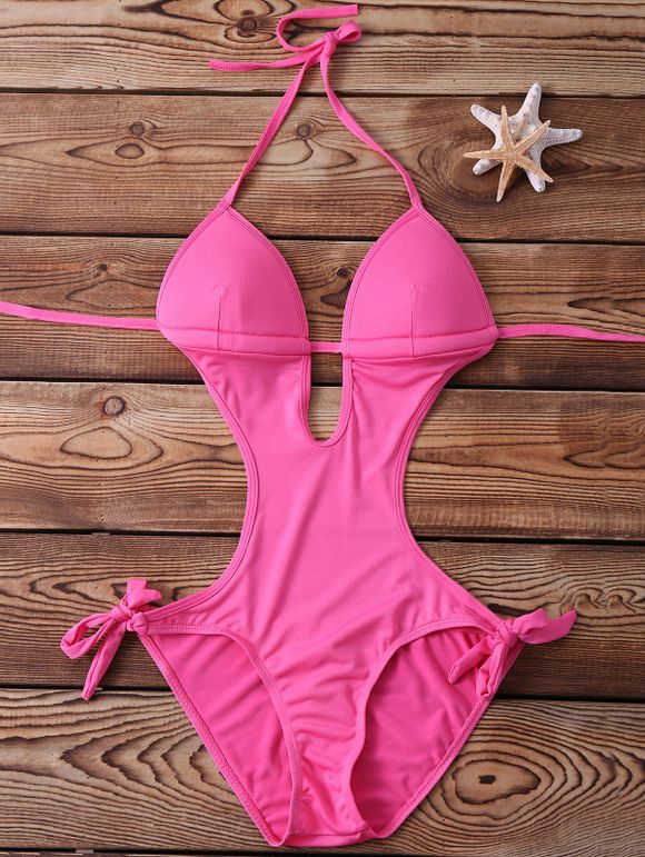 Lace-Up Design Backless V-Neck Solid Color Sexy Style One-Piece Swimwear - Rose ONE SIZE