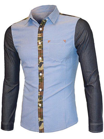 s 'Collar Turn-down Hommes  manches longues Camo couleur Splicing shirt - Bleu XL