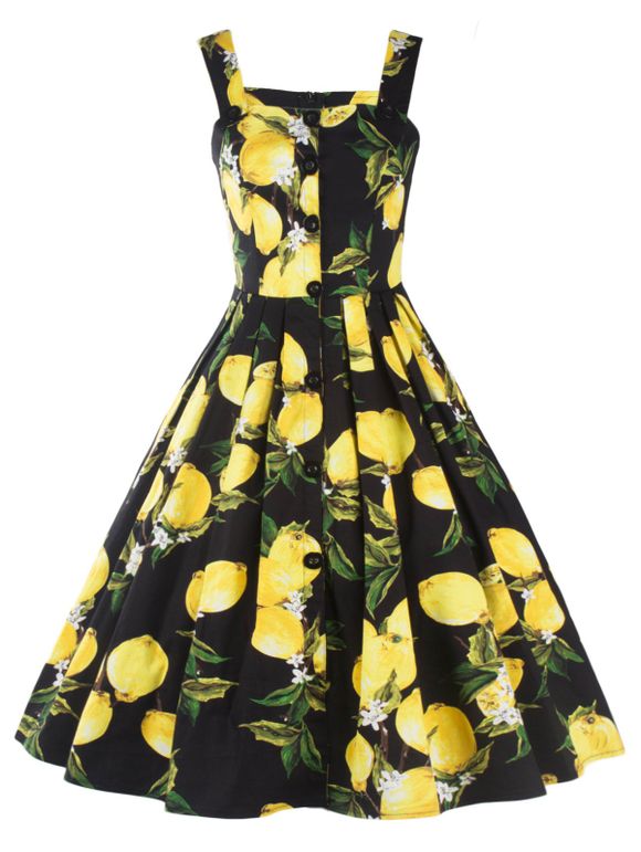 Vintage Lemon Print Button Up Flare Dress - Noir 2XL