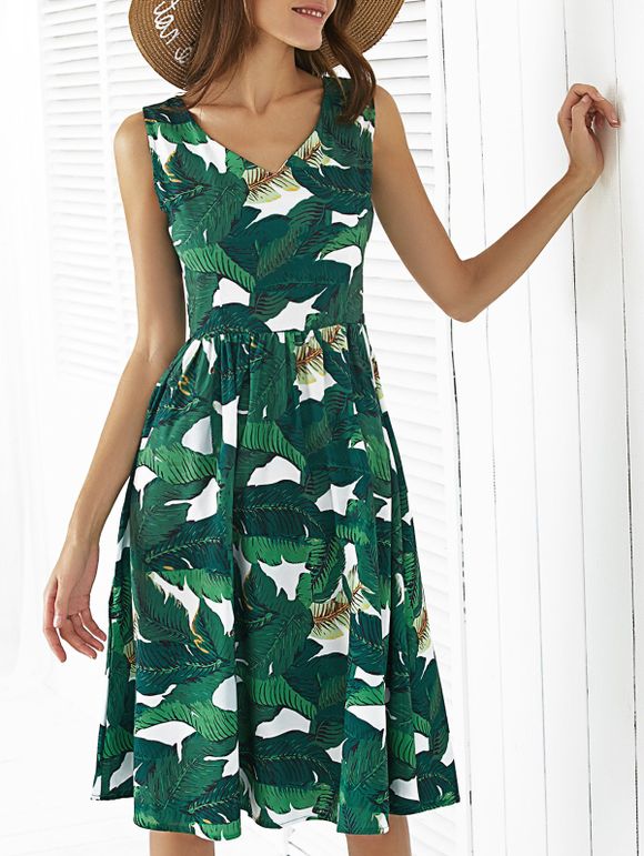 Retro Style V-Neck Sleeveless Leaf Print Women's Dress - GREEN M