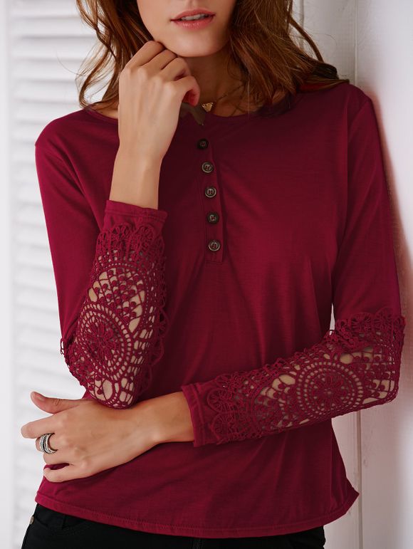 Sleeve Casual Splicing Lace long T-shirt pour les femmes - Rouge vineux M