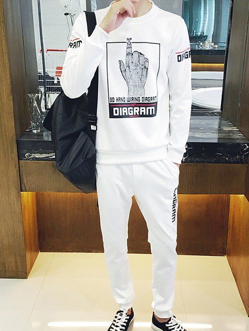 

Round Neck 3D Hand Print Plus Size Long Sleeve Men's Sport Suit ( Sweatshirt + Pants, White