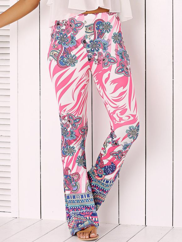 Chic Flower Print Flare Pants - Rose XL