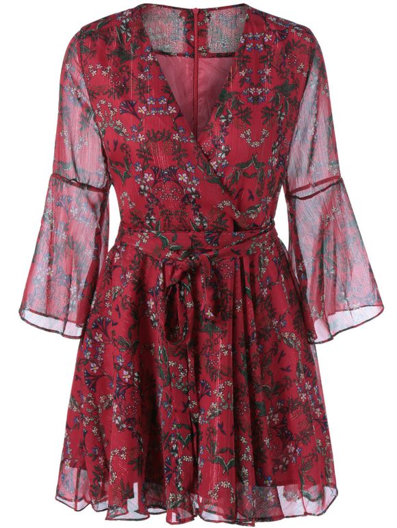 Rétro style V-cou imprimé floral de Bell manches robe - Rouge L