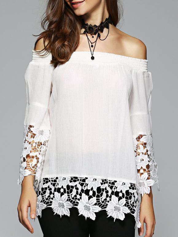 Women's Elegant Off The Shoulder Lace Spliced White Blouse - Blanc XL