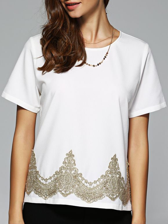 Women's White Round Neck  Spliced T-Shirt - Blanc XL