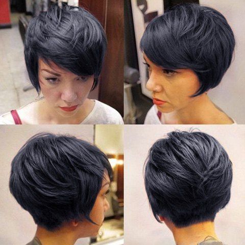 

Prevailing Short Jet Black Human Hair Side Bang Fluffy Wig For Women