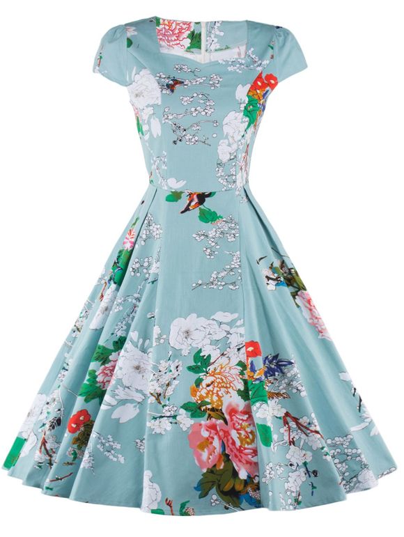 Retro Floral Print Ruffled vestimentaire pour les femmes - Vert clair 2XL