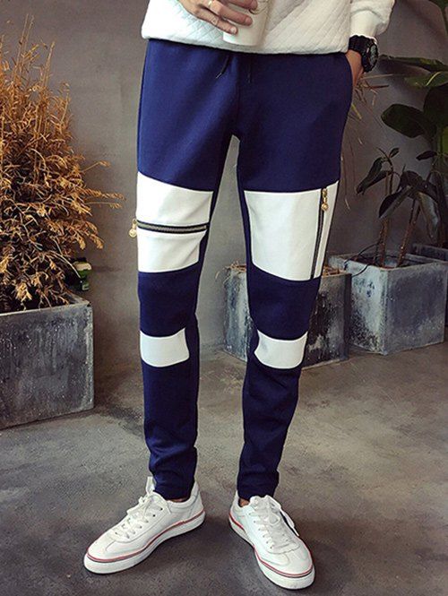 

Lace-Up Beam Feet Zipper Embellished Spliced Design Plus Size Men's Jogger Pants, Deep blue