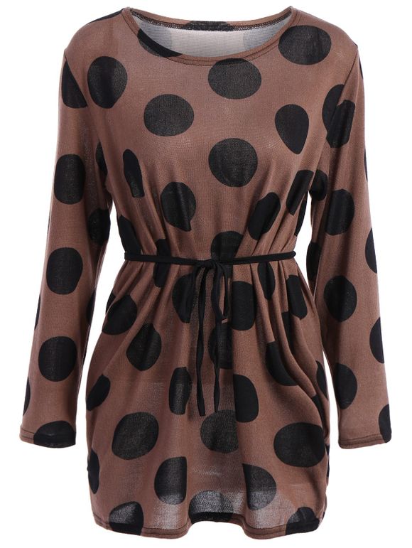 Casual Scoop Collar Polka Dot Print Loose Long Sleeve T-Shirt For Women - Kaki ONE SIZE(FIT SIZE XS TO M)