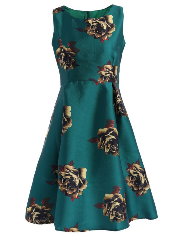 Retro Elegant Round Neck Sleeveless Floral Print Flared Women's Dress - Vert L