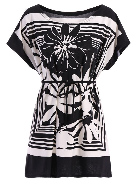 Casual Street Style imprimé floral ample ceinturée T-shirt pour les femmes - Noir ONE SIZE(FIT SIZE XS TO M)