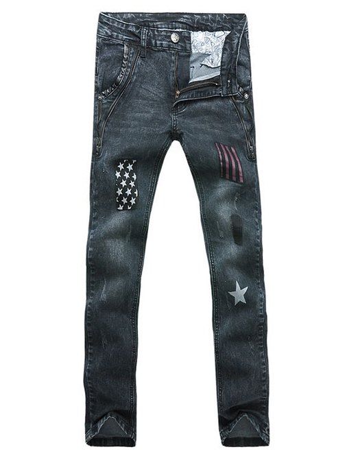 Stars Striped Patch Zipper Embellished Scratched Men's Straight Leg Jeans - Bleu profond 33