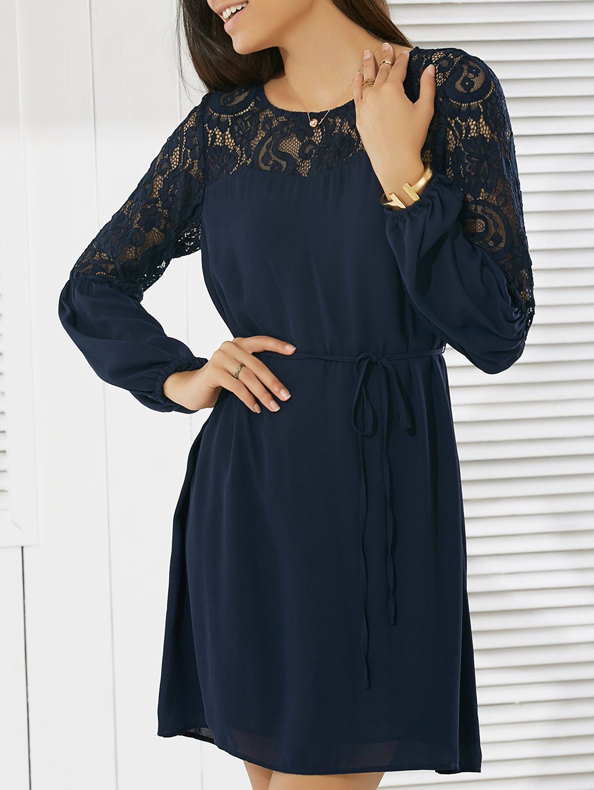 

Casual Women's Round Neck Long Sleeve Lace Dress, Purplish blue