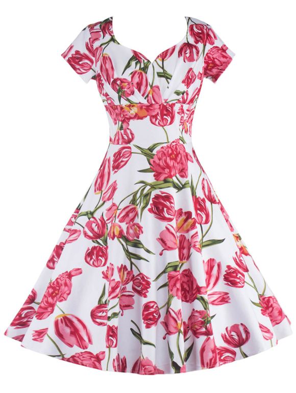 Vintage Short Sleeves Floral Flare Cocktail Dress - WHITE XL