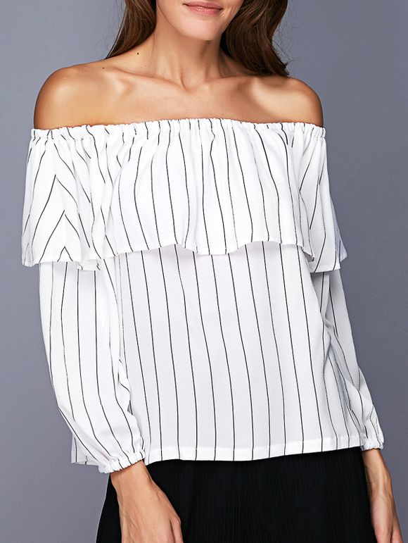 Trendy Off The Shoulder Flounce Striped femmes s 'Blouse - Blanc S