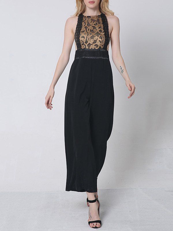 

Stylish Guipure Splicing Wide Leg Jumpsuit, Black